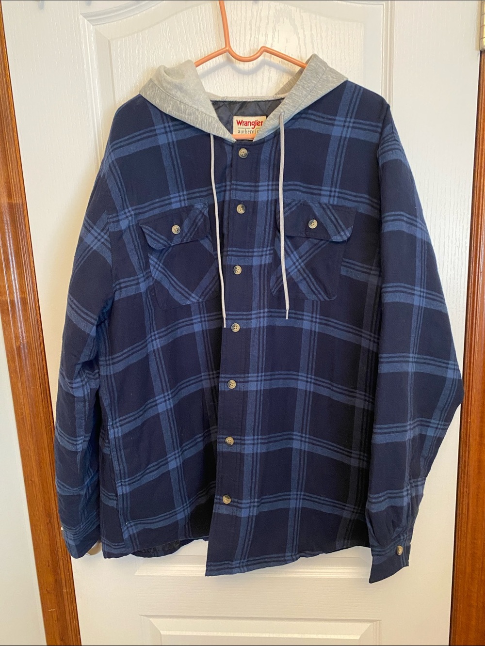 Wrangler Navy & Light Blue Plaid Hooded Flannel Shirt Jacket